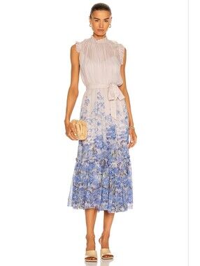 ZIMMERMAN Luminous Frill Sleeveless Midi Dress Size 0 US 2 XS Org $750